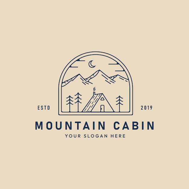 Mountain cabin line art logo icon and symbol with emblem vector illustration design