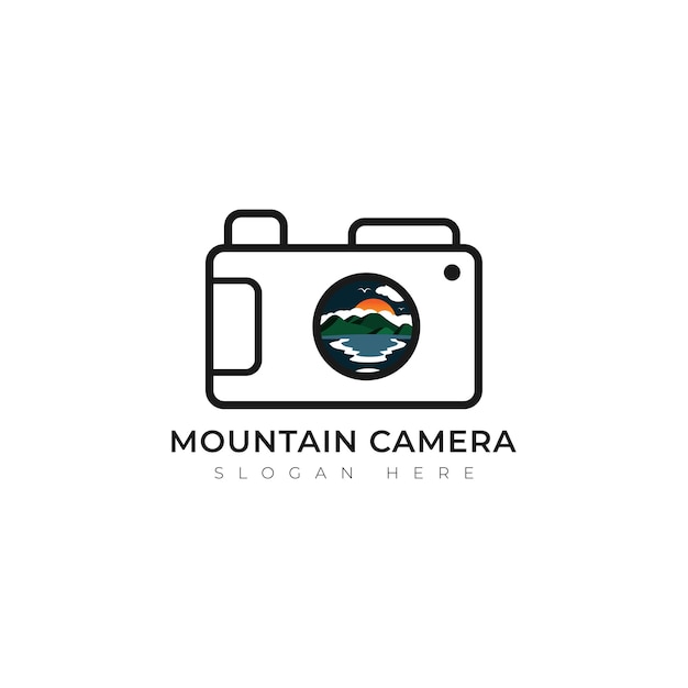 山のカメラのロゴのアイコンのデザイン