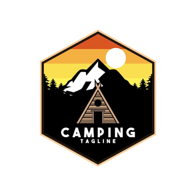 Mountain camp adventure in forest logo design inspiration vector