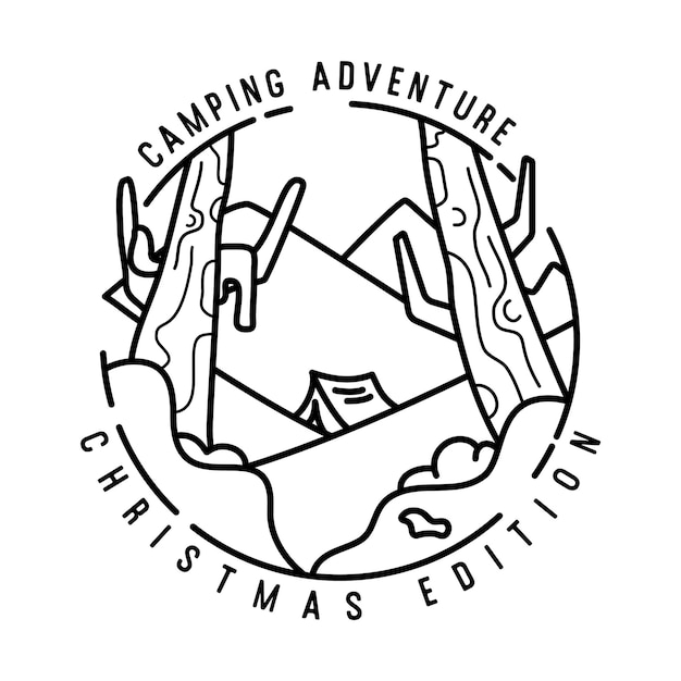 Mountain camping christmas badge design with winter landscape in line art style and quote camping