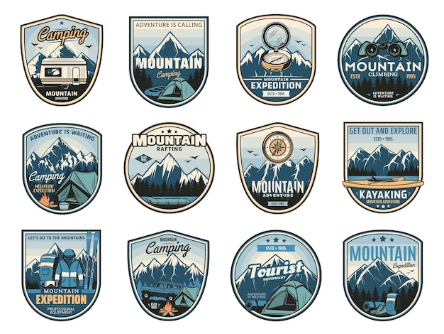 Vector mountain camping expedition, travel adventure icons