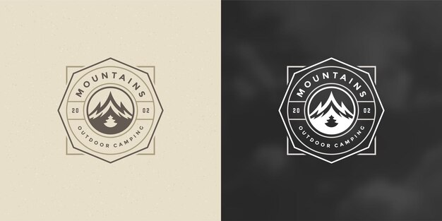 Mountain camping logo emblem outdoor landscape vector illustration rock hills silhouette for shirt or print stamp. vintage typography badge design.