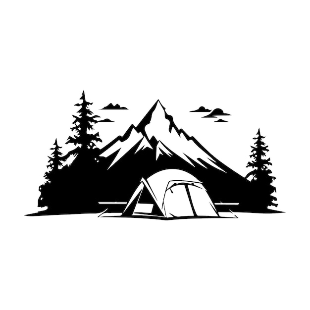 Vector mountain camping scene silhouette clipart black and white