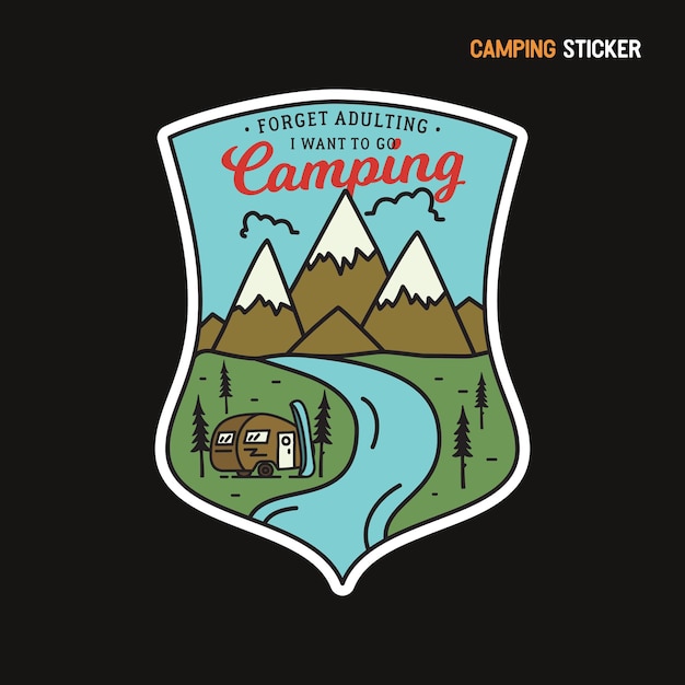 Disegno adesivo da campeggio in montagna. emblema disegnato a mano di viaggio.