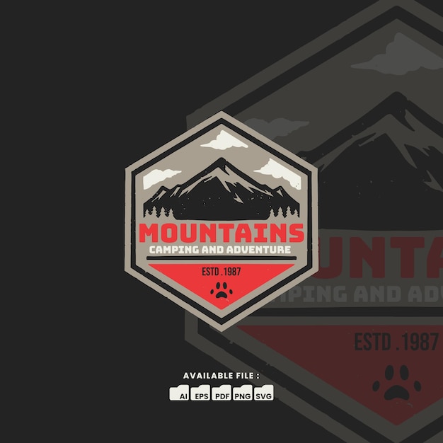 Mountain camping Vintage Adventure-logo en badgesjabloon