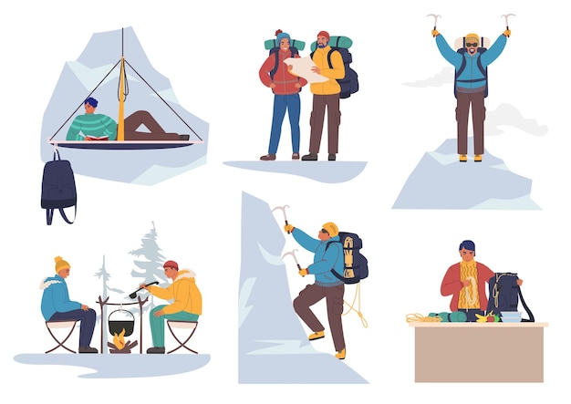 Vector mountain climber cartoon character set flat vector illustration people climbing rock wall sitting near campfire taking rest mountain climbing extreme sport outdoor adventure mountaineering