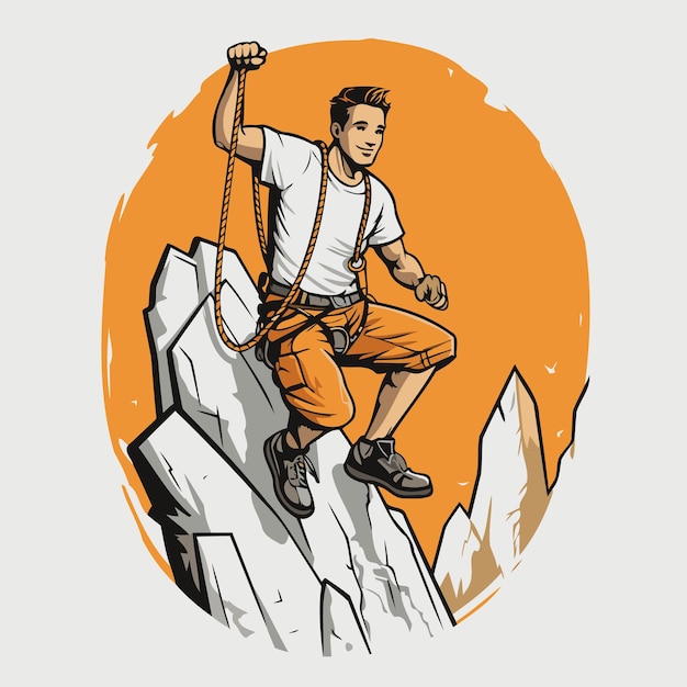 Vector mountain climber climbing on the top of the mountain vector illustration