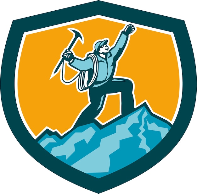 Mountain Climber Reaching Summit Retro Shield