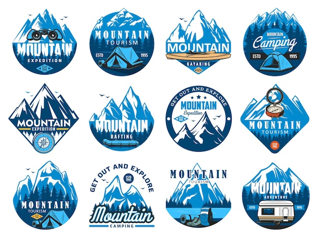 mountain climbing icons, rafting expedition and camping symbols