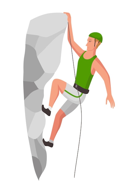 Mountain climbing person Climber men on rock mountain with equipment Extreme outdoor sports Man overhang from rock