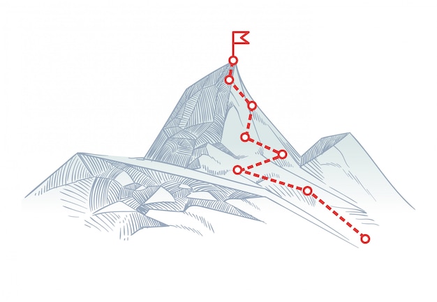 Mountain climbing route to peak. business journey path in progress to success vector concept