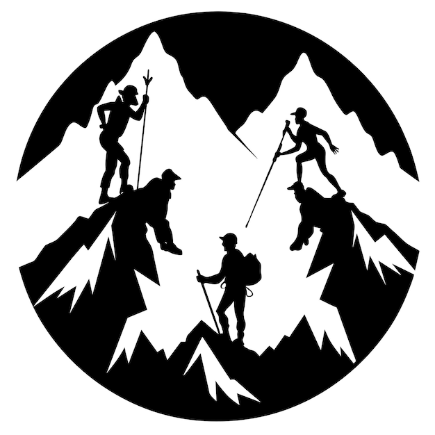 Vettore silhouette di alpinisti in diverse pose contro un cielo drammatico 14