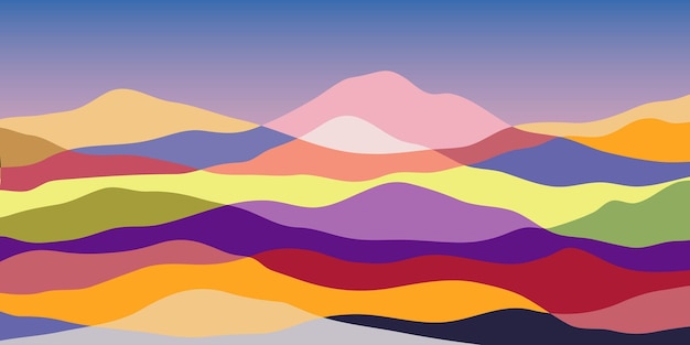 산의 색, 반투명한 파도, 해가 지는 것, 추상적인 유리 모양, 현대적인 배경 디자인, 터 일러스트레이션