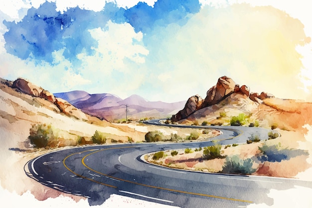 Mountain curly asphalt road watercolor vector illustration