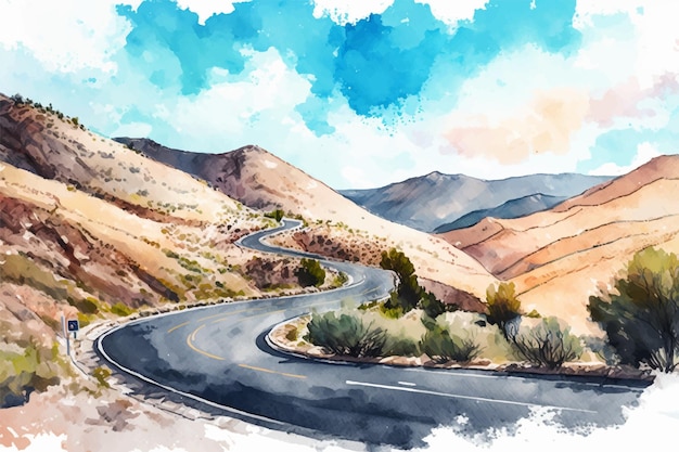 Mountain curly asphalt road watercolor vector illustration