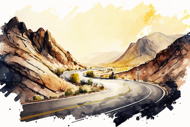 Mountain curly asphalt road watercolor vector illustration