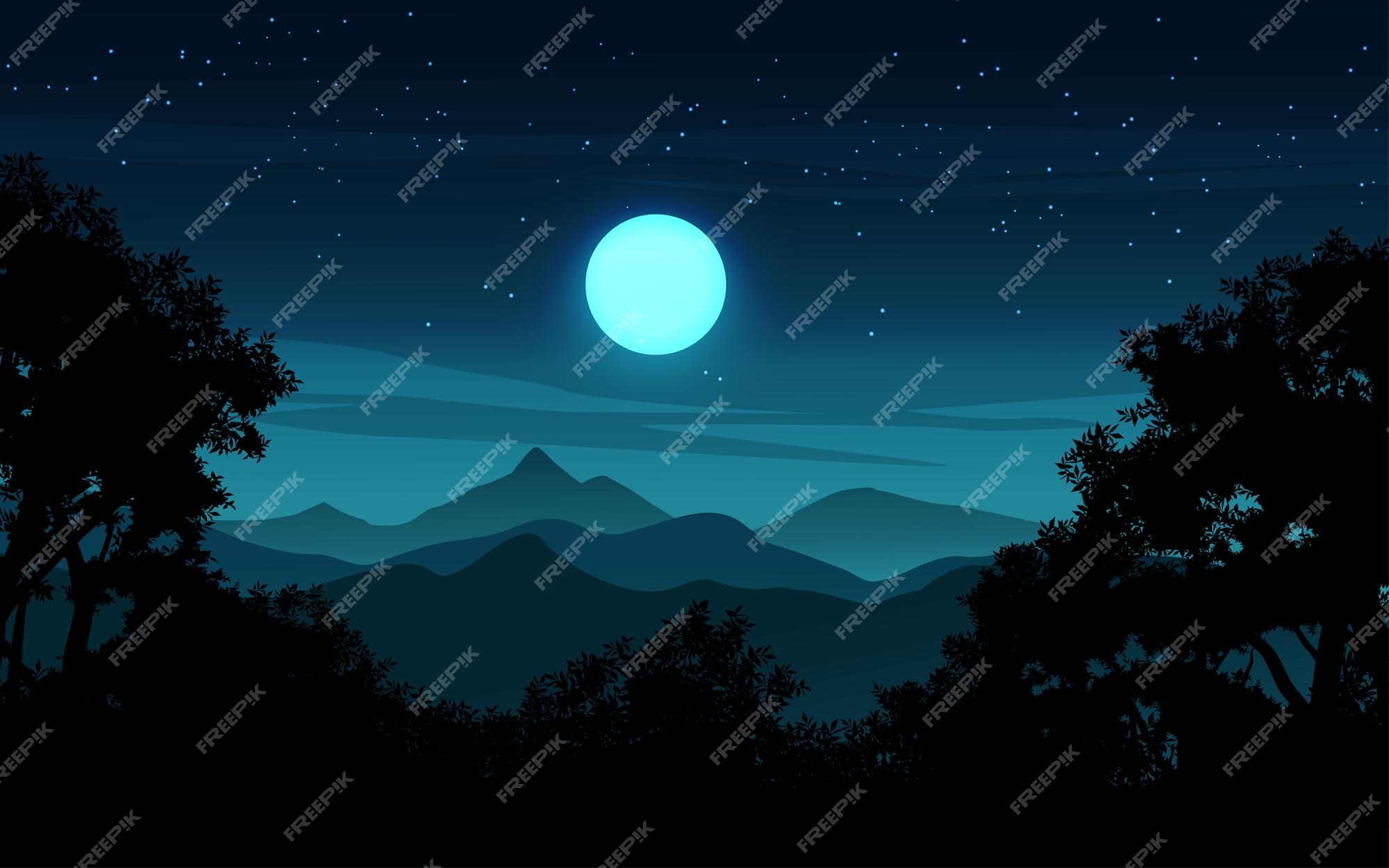 Premium Vector | Mountain dark night sky landscape with full moon and stars