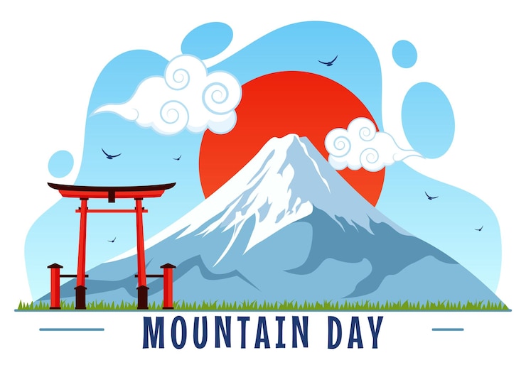 Vector mountain day in japan vector illustration on august 11 featuring mount fuji and sakura flower background in a flat cartoon style design