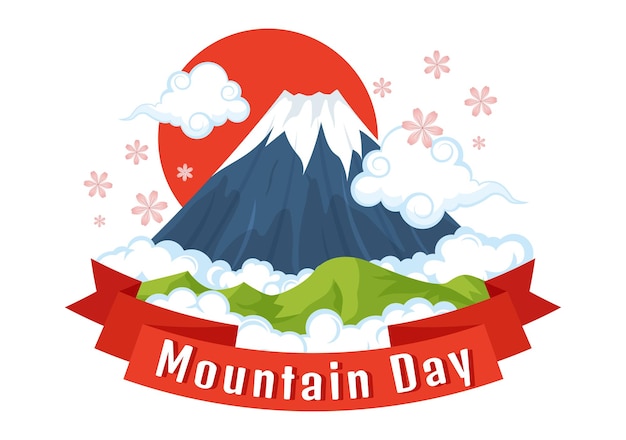 Mountain Day in Japan Vector Illustration on August 11 with Mount Fuji and Sakura Flower Background