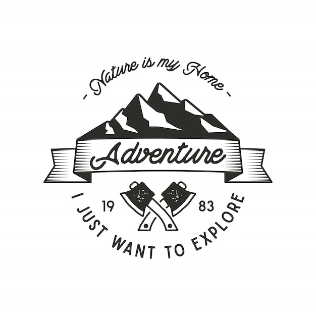 Mountain expedition adventure label met bijl symbolen en typografie design karakter is mijn thuis. vintage oude stijl. buitenshuis avontuur embleem voor t-shirt print. vector geïsoleerd. wildernis patch, stempel