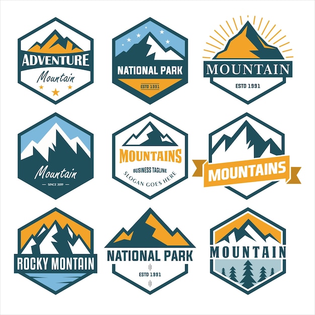 Icone vettoriali di spedizione in montagna e arrampicata su roccia silhouette monocromatiche di cime innevate