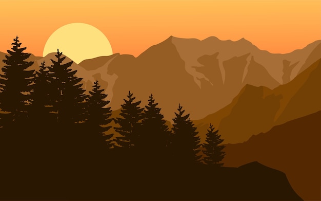 Vector mountain forest silhouette landscape on sunset