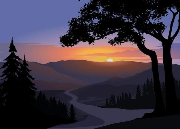 Mountain forest sunse with rivert Vector nature landscape