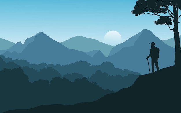 Vector mountain and forest vector illustration with silhouette of a hiker