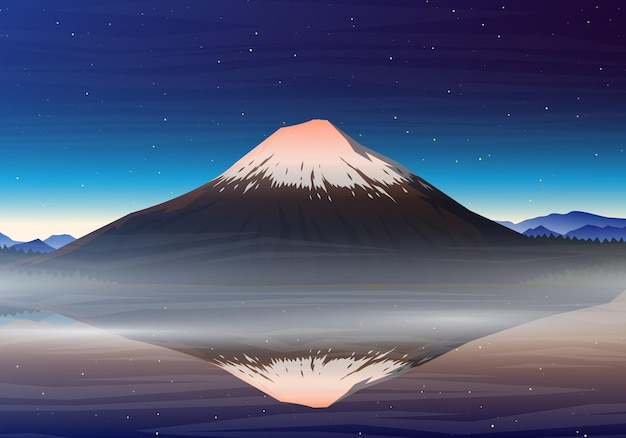 Vector mountain fuji night panoramic view with reflection on the lake kawaguchiko peaks landscape early in a daylight travel or camping climbing vector outdoor hill tops japan