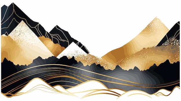 伝統的な東洋のミニマルな和風ベクトル図の山と金色の線画背景ベクトル