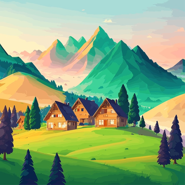 Mountain green field alpine landscape nature with wooden houses illustration in vector flat color st