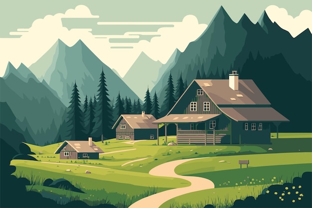 Vector mountain green field alpine landscape nature with wooden houses