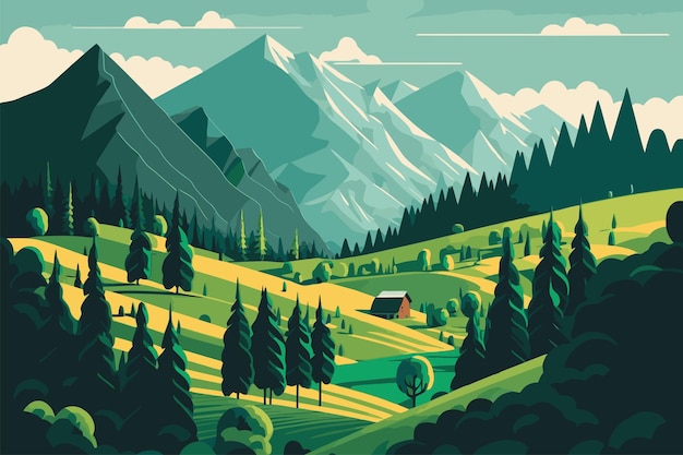 Vector mountain green field alpine landscape nature with wooden houses