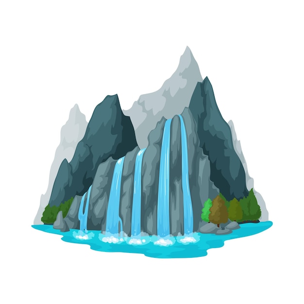 Mountain green trees scenery Cartoon waterfall