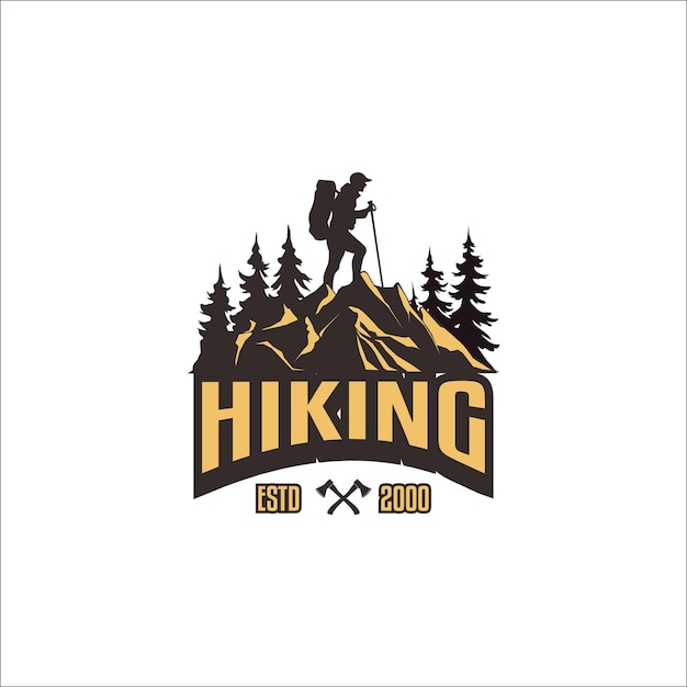 mountain hiking man silhouette carrying a hiking stick vintage logo camping equipment store