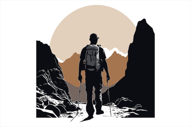 Vector mountain hiking man silhouette vector