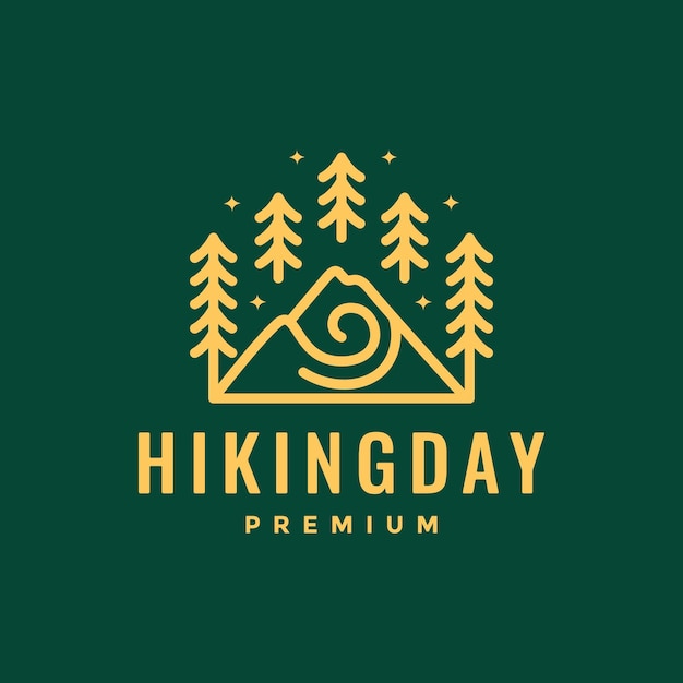 Vector mountain hiking peak forest trees minimalist style line simple logo design vector icon illustration