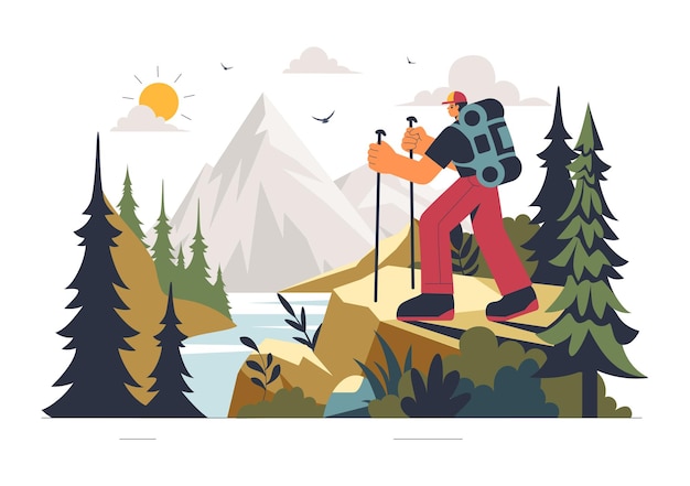 mountain hiking vector illustration featuring people with backpacks and walking poles trekking on a trail in a peaceful mountain landscape