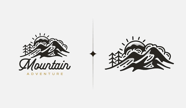 Mountain hill top sun rays monoline universal creative premium symbol vector sign icon logo template vector illustration