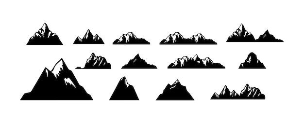 ベクトル 白い背景に分離された山の丘のシルエット セット グラフィック屋外山ロック ハイキング旅行要素ベクトル図
