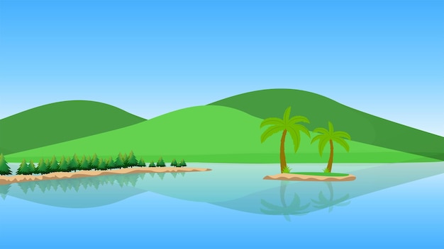 Vector mountain and hillside view with trees and grass