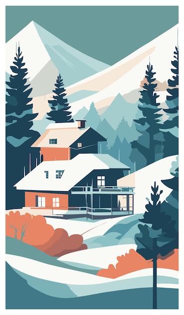 Mountain huts winter flat illustration vector drawing