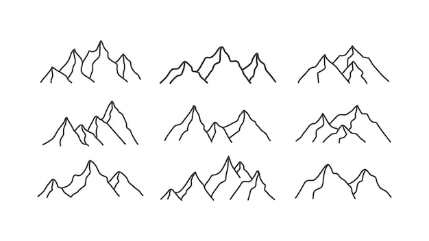 Disegno dell'illustrazione vettoriale del logo dell'icona della montagna set di simboli del paesaggio superiore con uno stile di linea minimo
