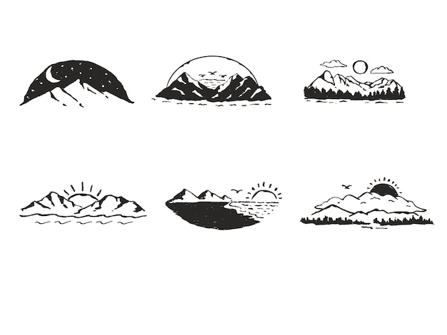 山のアイコンを設定白い背景に分離された手描きのベクトル図