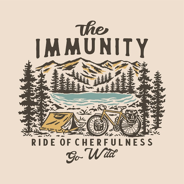 Vettore illustrazione montagna avventura grafica foresta design bicicletta campeggio vintage badge all'aperto