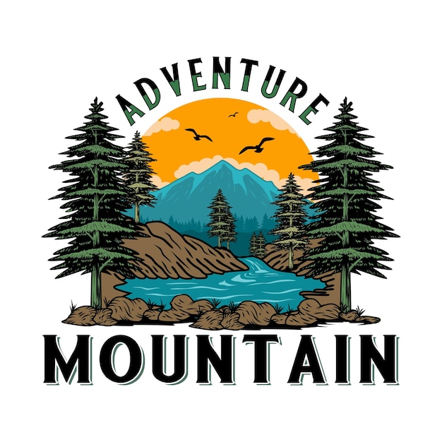 山のイラストのロゴ。アウトドア、ハイキング、キャンプ、アドベンチャー