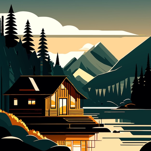 Vector mountain lake cabin in forest nature landscape