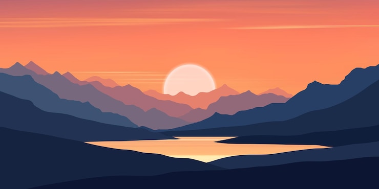 Vector mountain lake at dawn morning light and sun illustration
