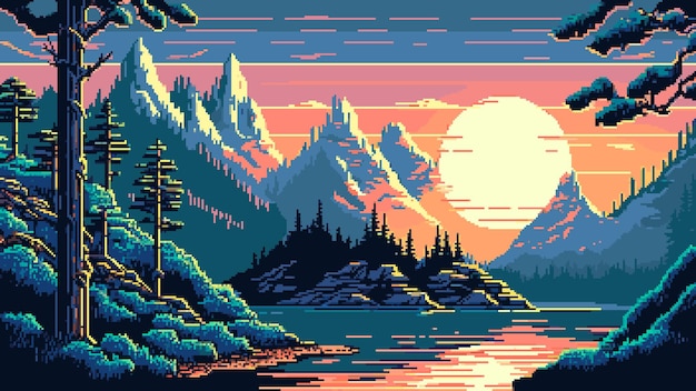 Горное озеро вечерний закат пейзаж ai сгенерировал 8-битный пиксель игровой сцены векторный фон лес горной долины с солнцем над озером или речной водой альпийские пейзажи природы в 8-битном пикселе для игры