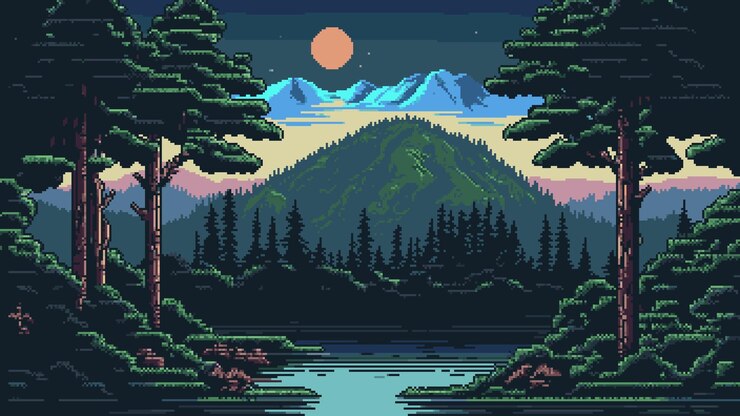 Vector mountain lake and forest landscape ai generated 8 bit pixel game scene of mountain valley nature at night vector lake shore with pine trees green plants and flowers mountain peak full moon stars